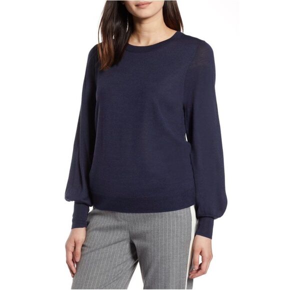 Halogen Navy Puff Sleeve Merino Wool Sweater Size M - Picture 1 of 6